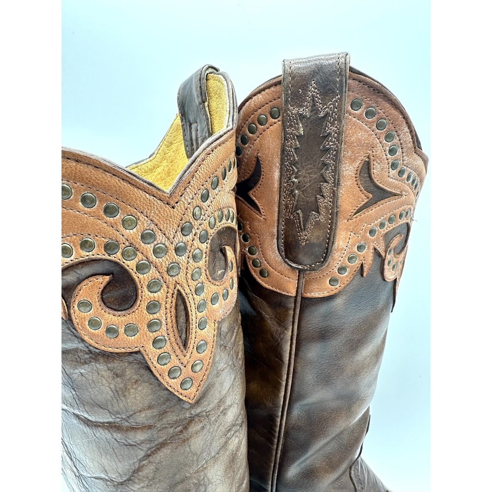 OLD GRINGO for Cavender's Chocolate/Tan Overlay Scroll Fleur Studded Boots 6B - Picture 3 of 12